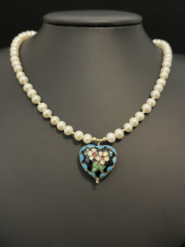 Freshwater Pearl Necklace with Cloisonné Pendant