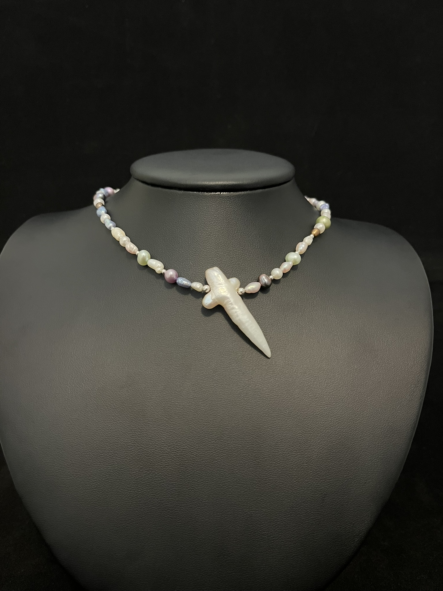 Multicolored Pastel Pearl Necklace with Pearl Cross - Image 2