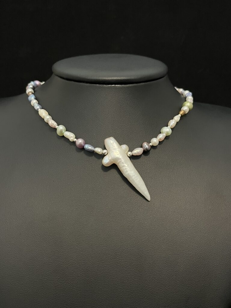 Multicolored Pastel Pearl Necklace with Pearl Cross