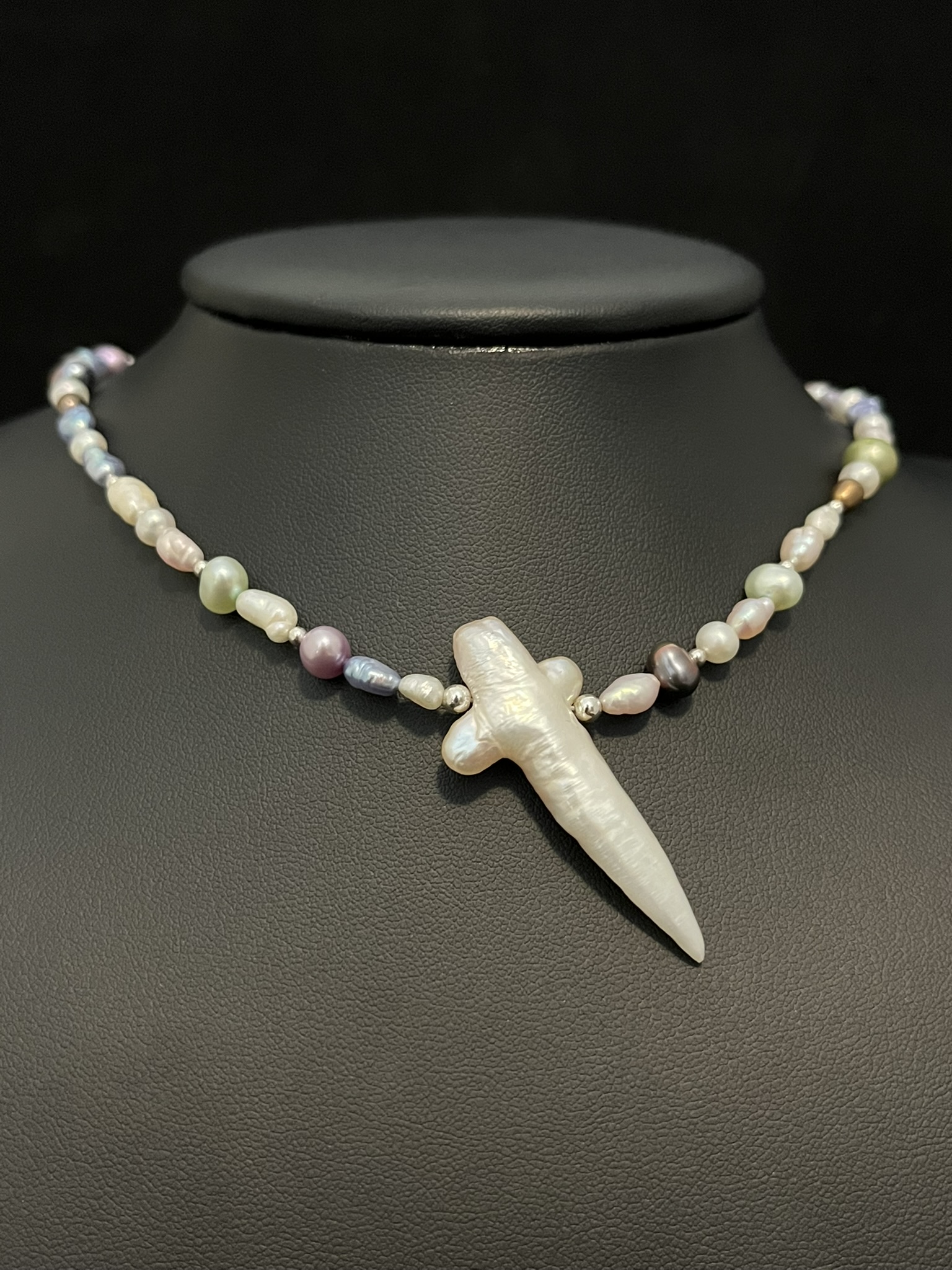 Multicolored Pastel Pearl Necklace with Pearl Cross - Image 3