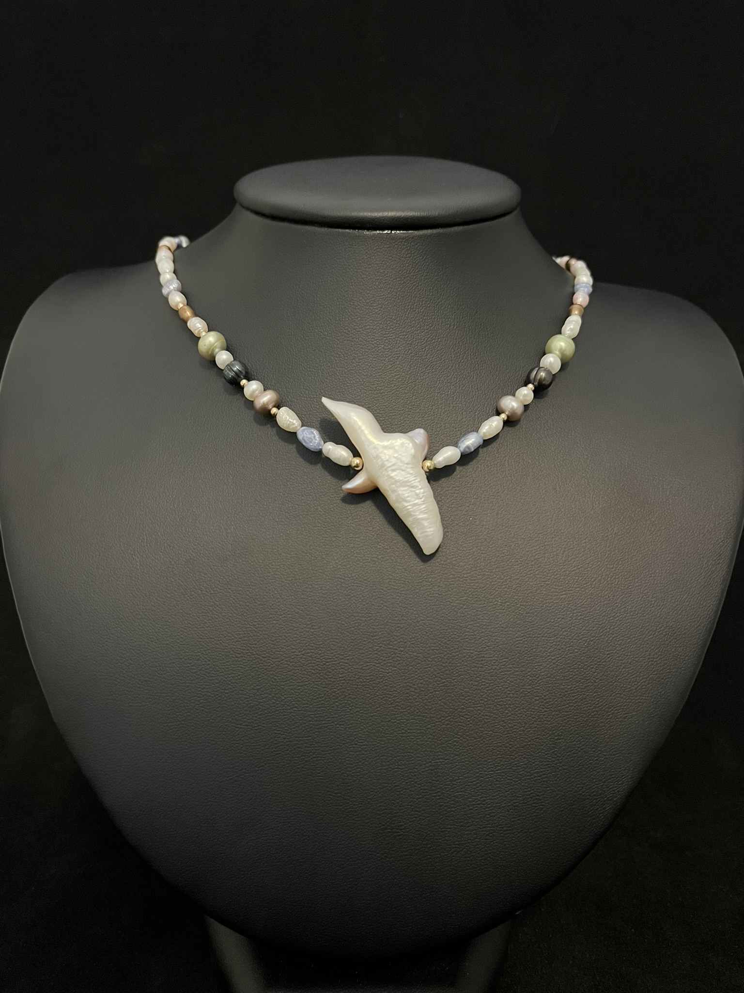 Multicolored Pastel Pearl Necklace with Pearl Cross - Image 2
