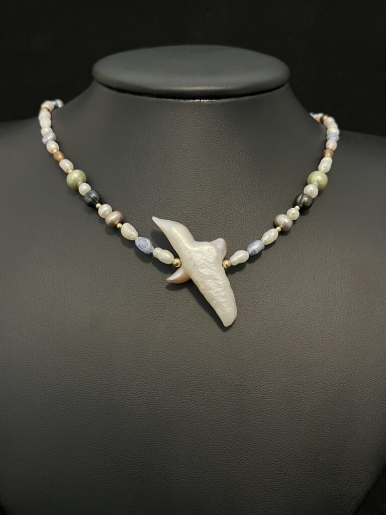 Multicolored Pastel Pearl Necklace with Pearl Cross