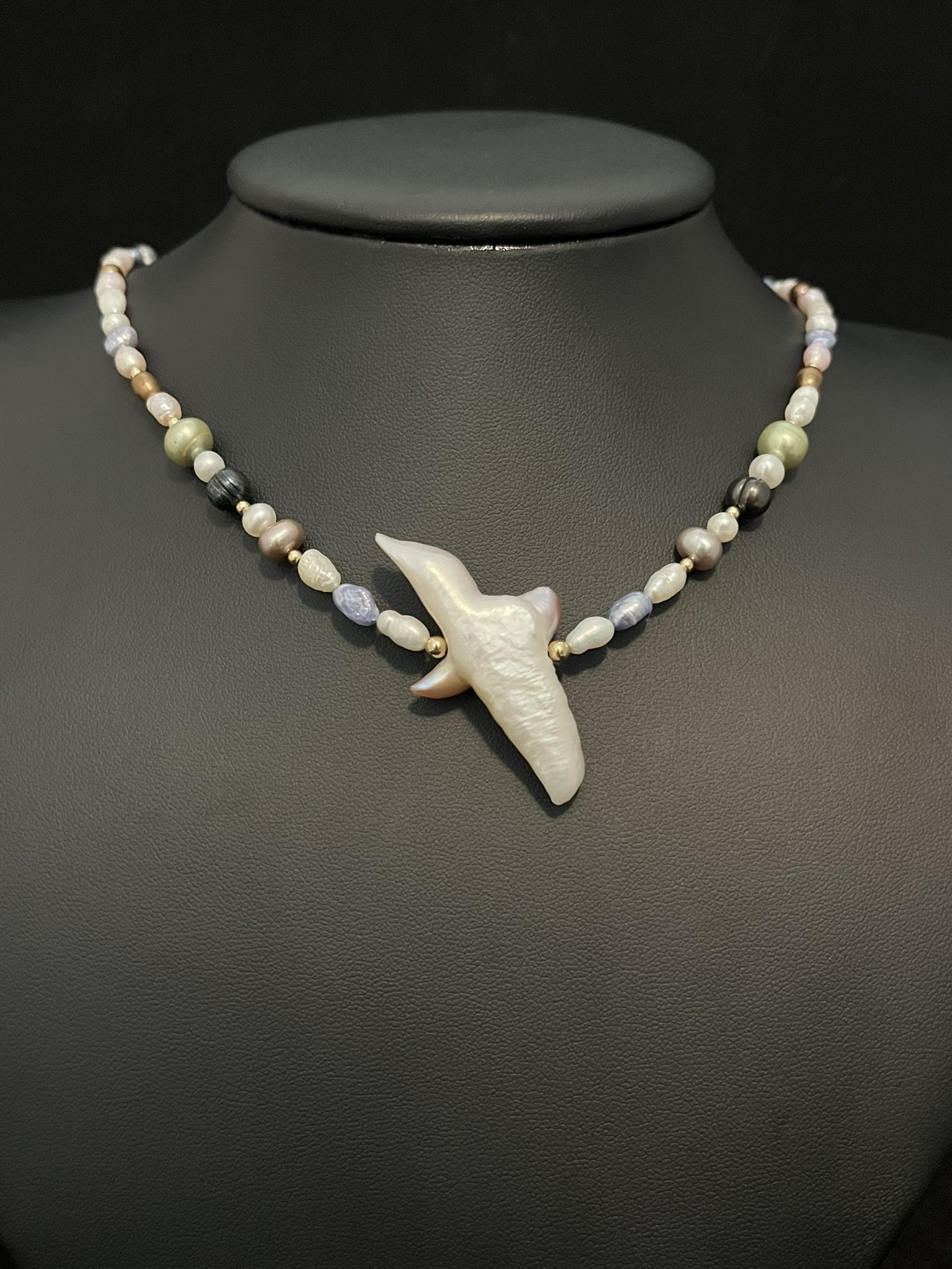 Multicolored Pastel Pearl Necklace with Pearl Cross