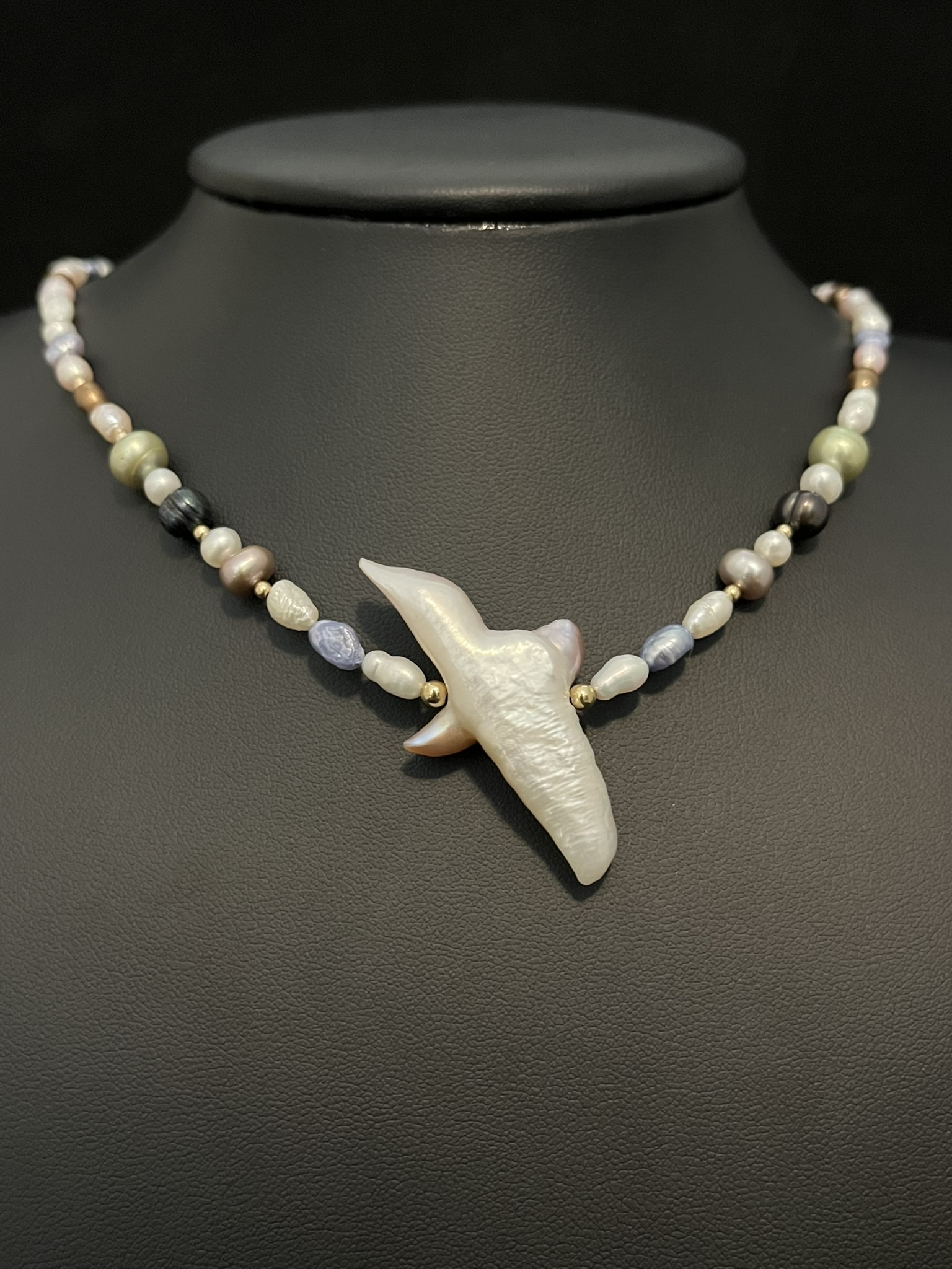 Multicolored Pastel Pearl Necklace with Pearl Cross - Image 3