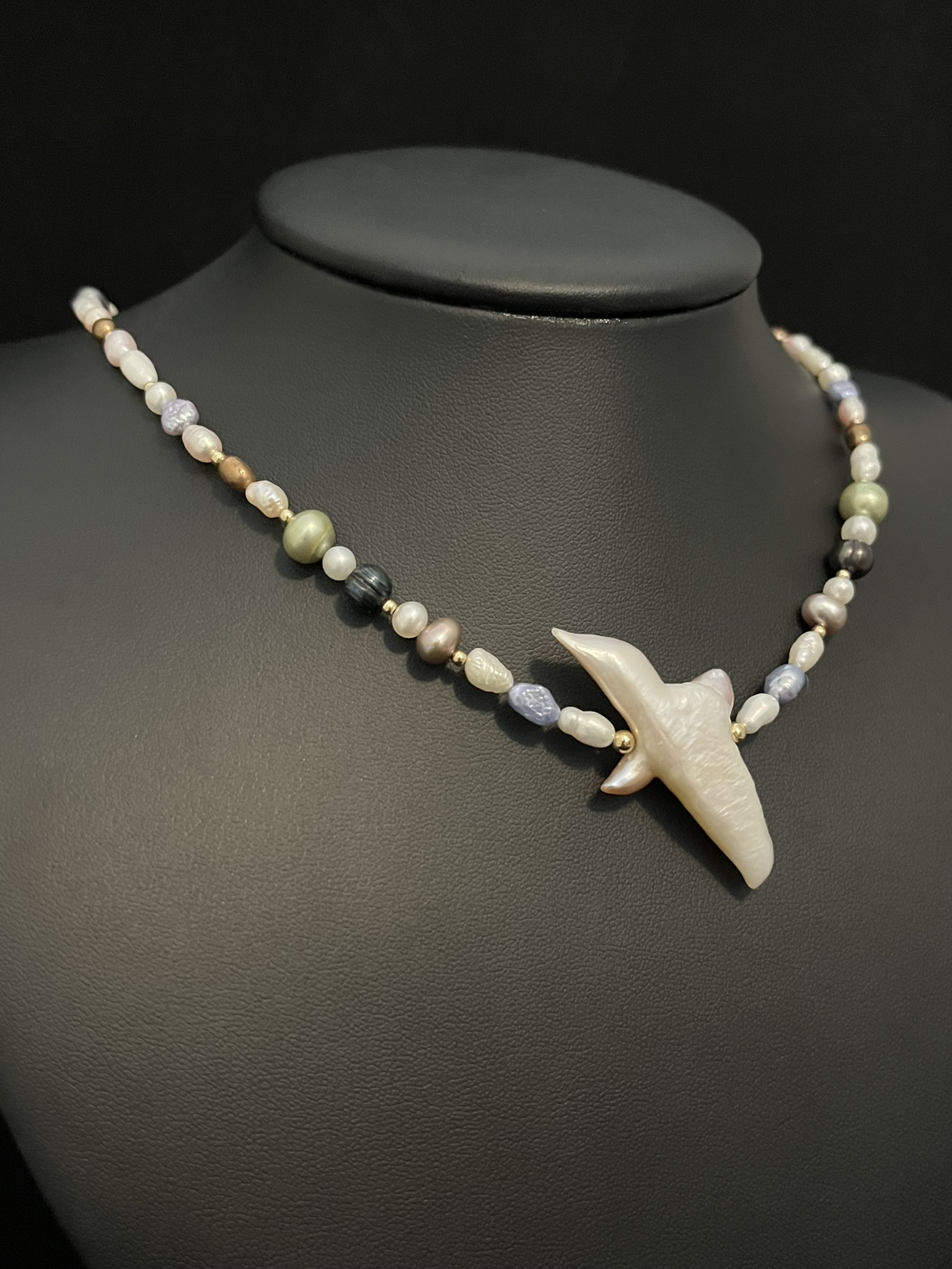 Multicolored Pastel Pearl Necklace with Pearl Cross - Image 4