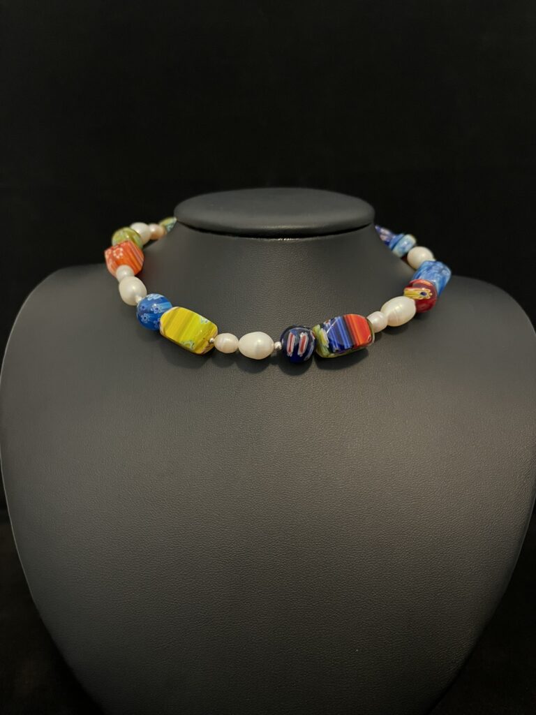 Millefiori Glass Beads & Freshwater Pearl Necklace