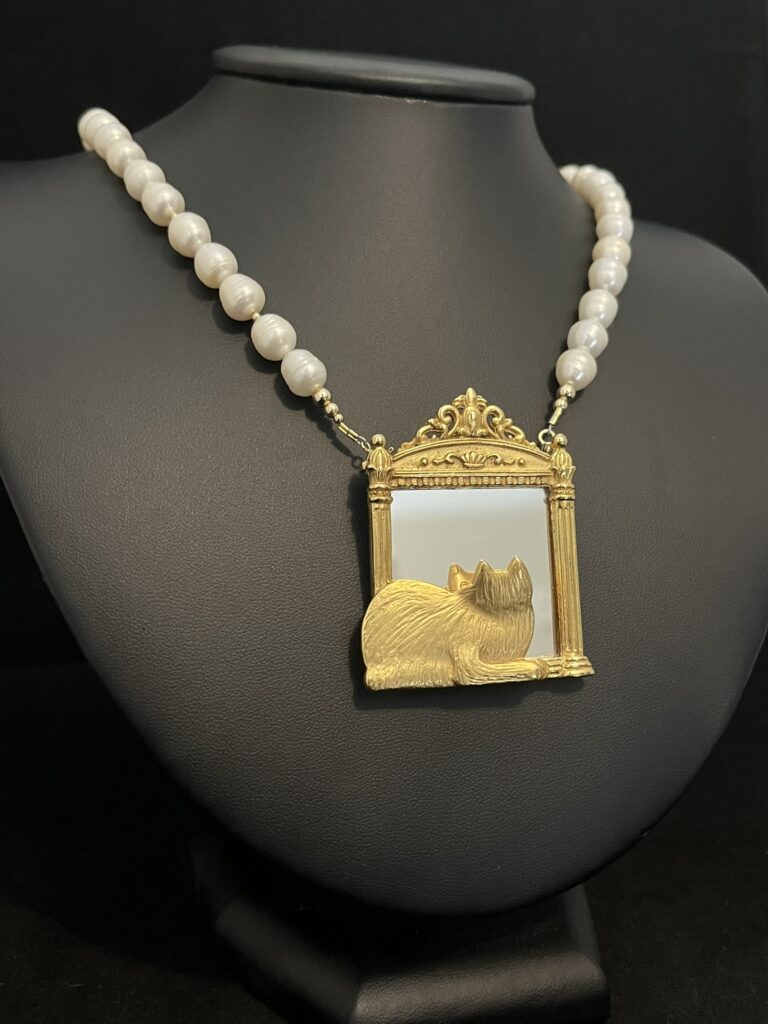 Freshwater Pearl Necklace with Vintage Cat Brooch Pendant