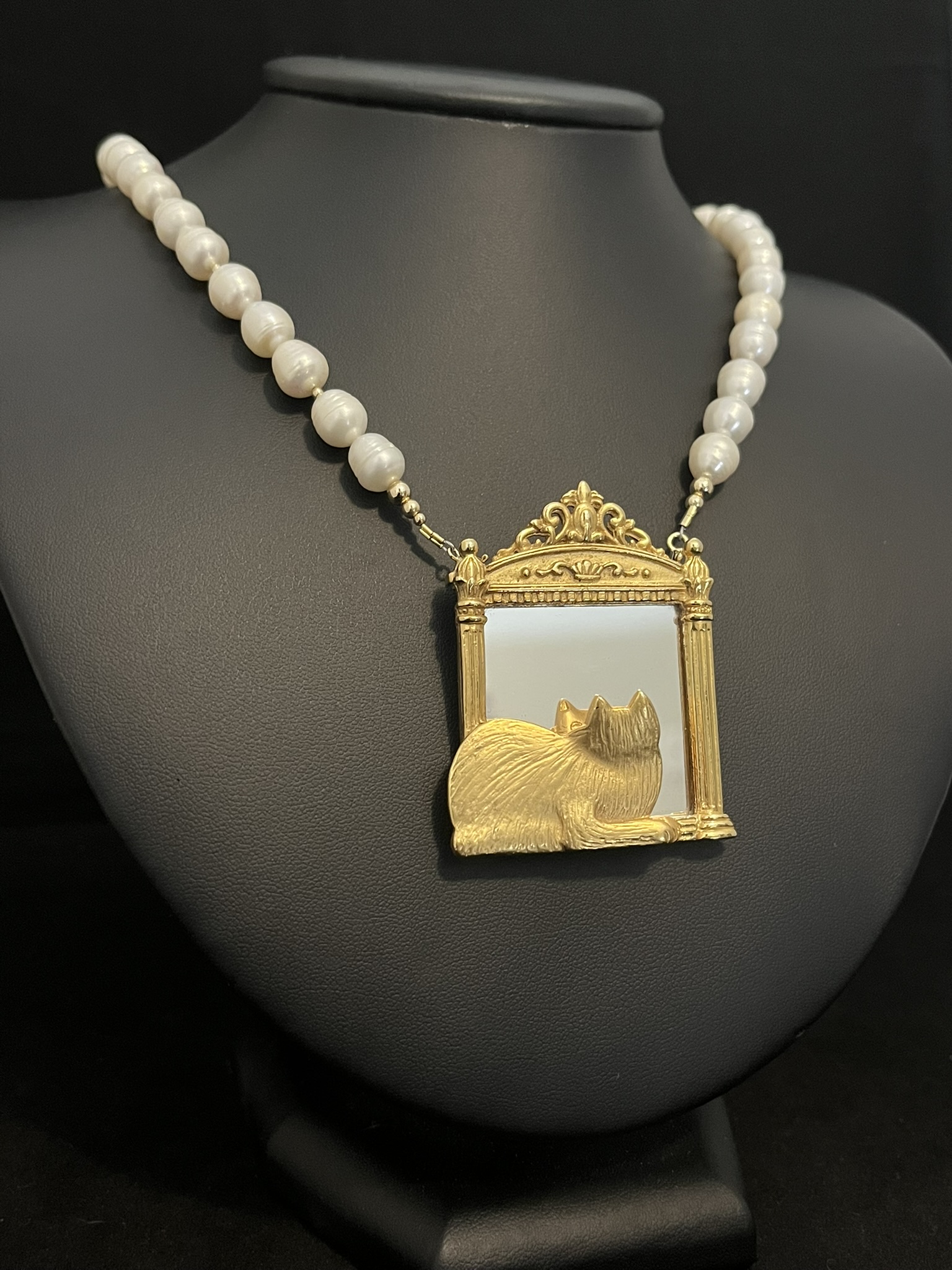 Freshwater Pearl Necklace with Vintage Cat Brooch Pendant