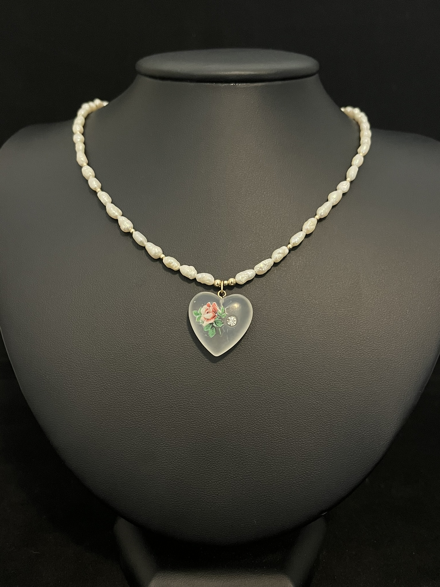 Freshwater Pearl Necklace with Vintage Glass Heart Pendant - Image 2