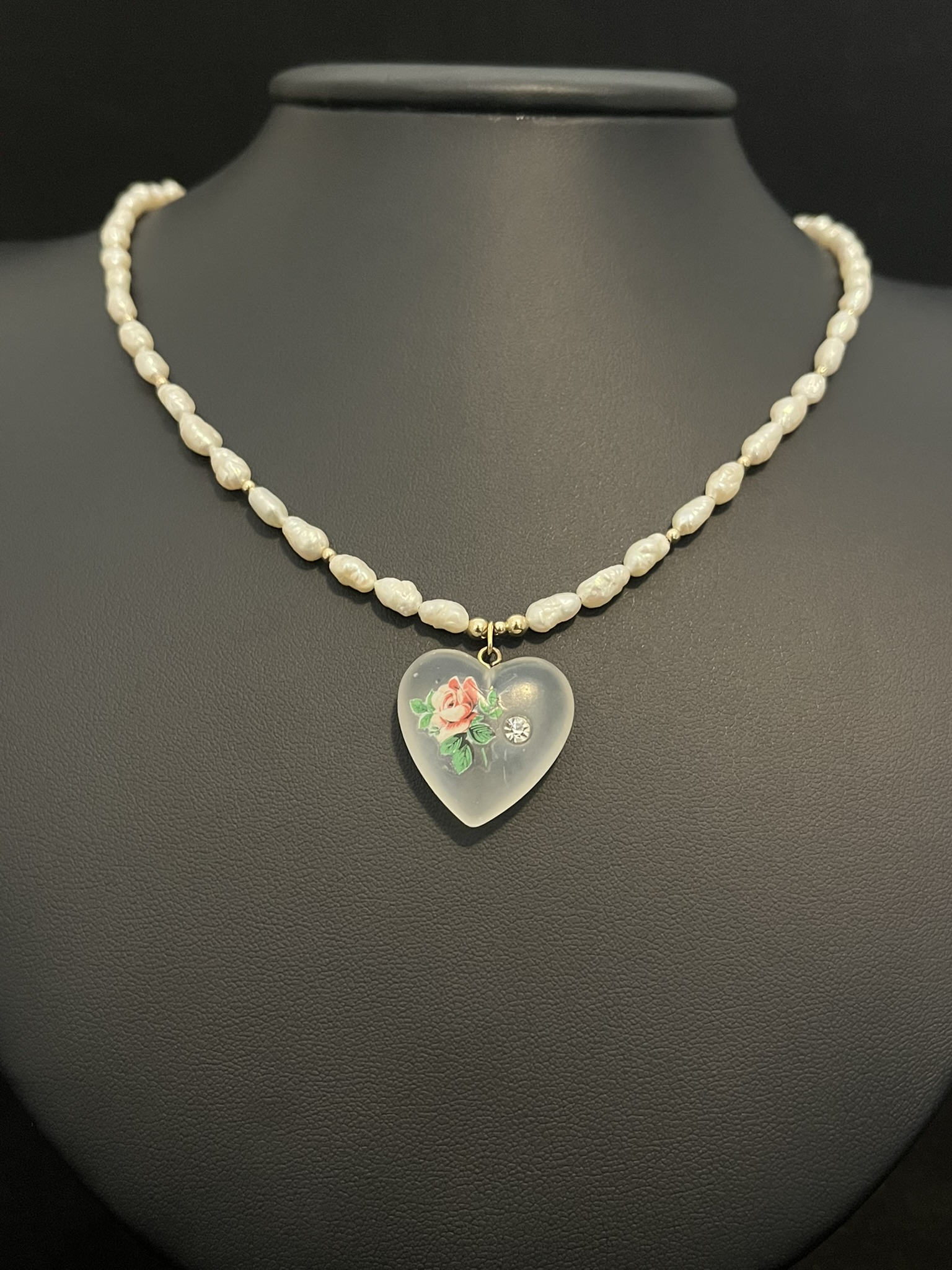 Freshwater Pearl Necklace with Vintage Glass Heart Pendant - Image 3
