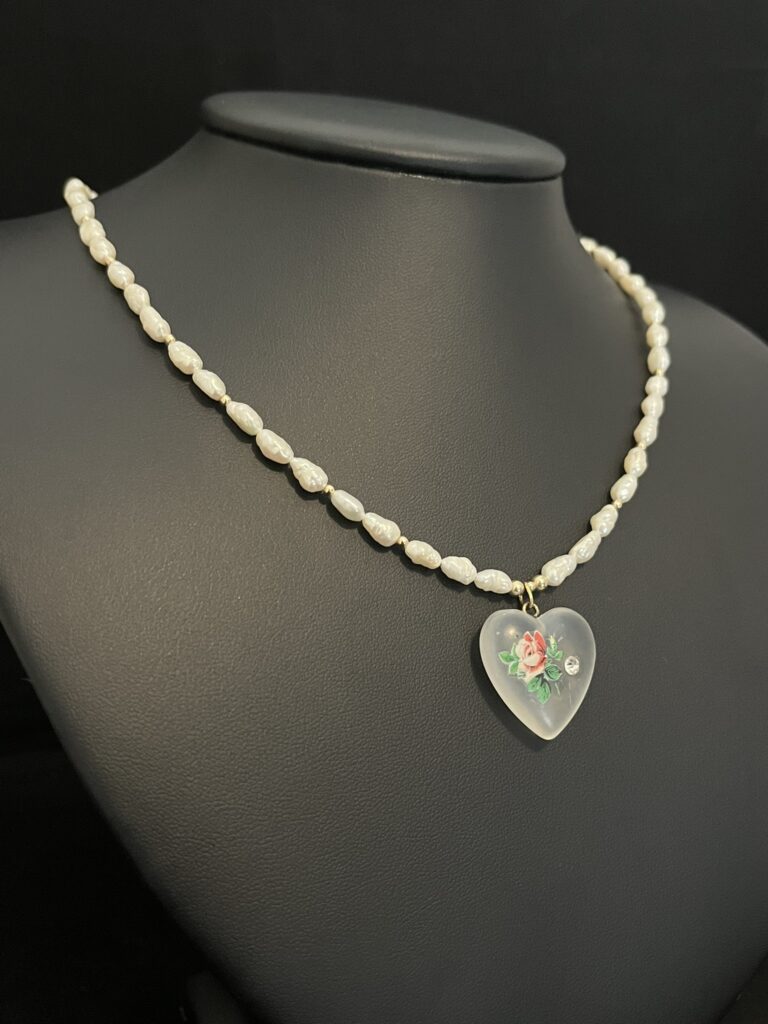 Freshwater Pearl Necklace with Vintage Glass Heart Pendant