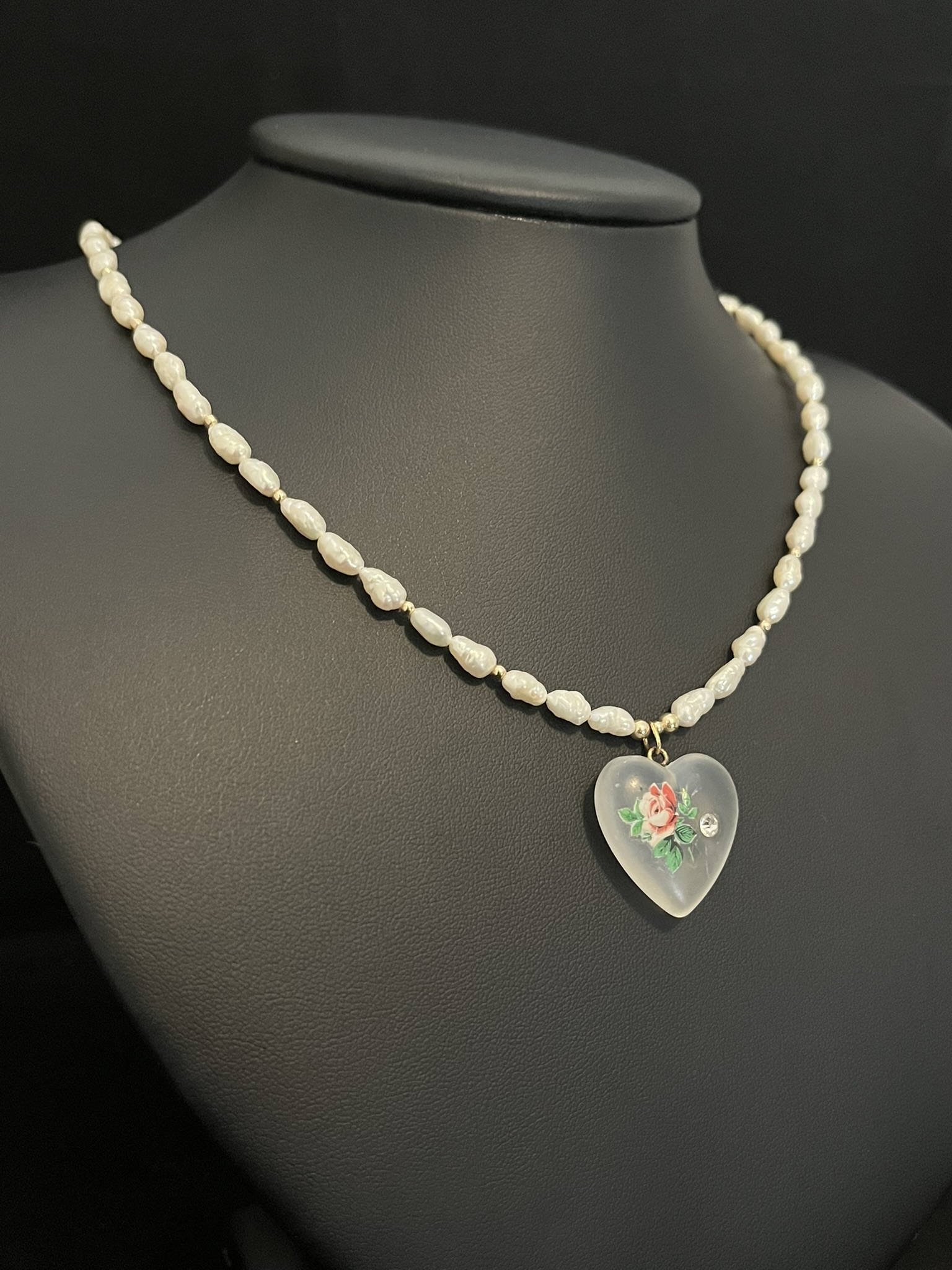 Freshwater Pearl Necklace with Vintage Glass Heart Pendant