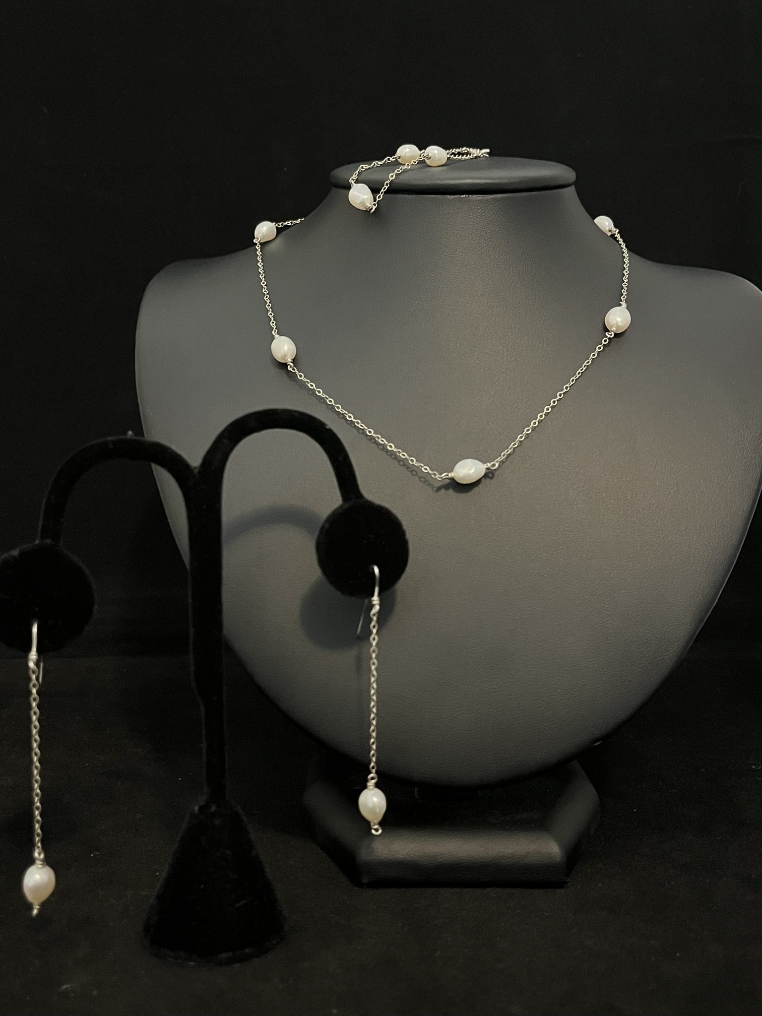 Petite Sterling Silver Chain and Pearl Jewelry Set